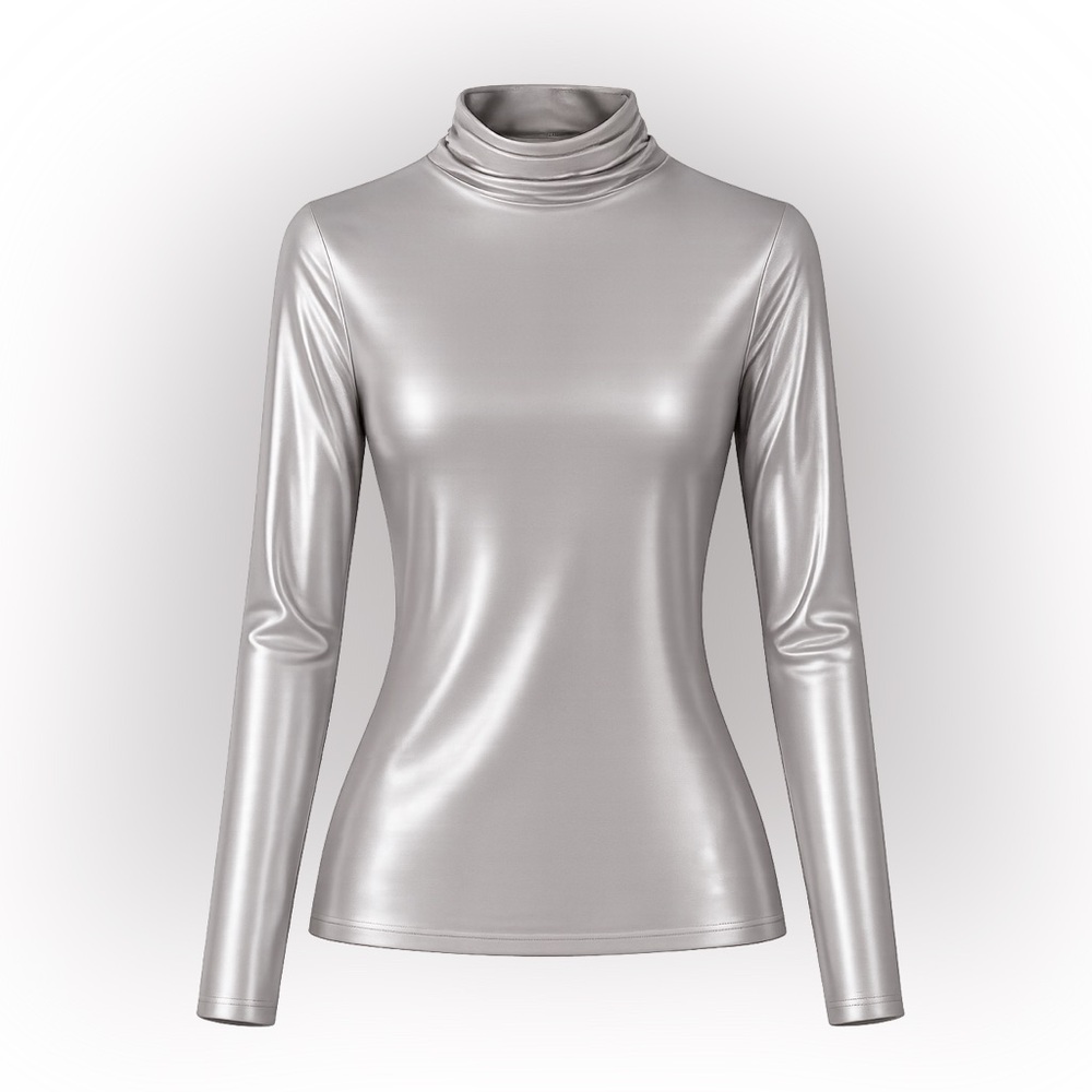 NWT Skims Size M Silver Long-Sleeve Metallic Turtleneck Top